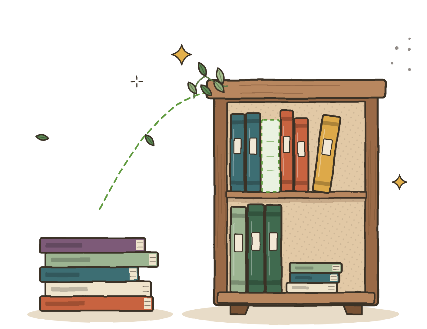 A stack of volumes with a dashed green path to an open gap on a wooden bookcase