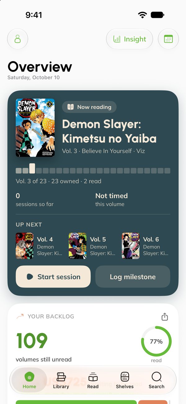 Home on iPhone: Demon Slayer now reading